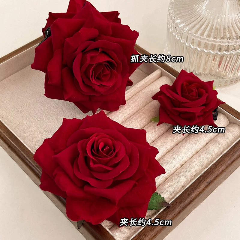 纯欲风花朵发夹女干枯玫瑰仿真花头饰刘海侧边夹红色发卡鸭嘴夹子