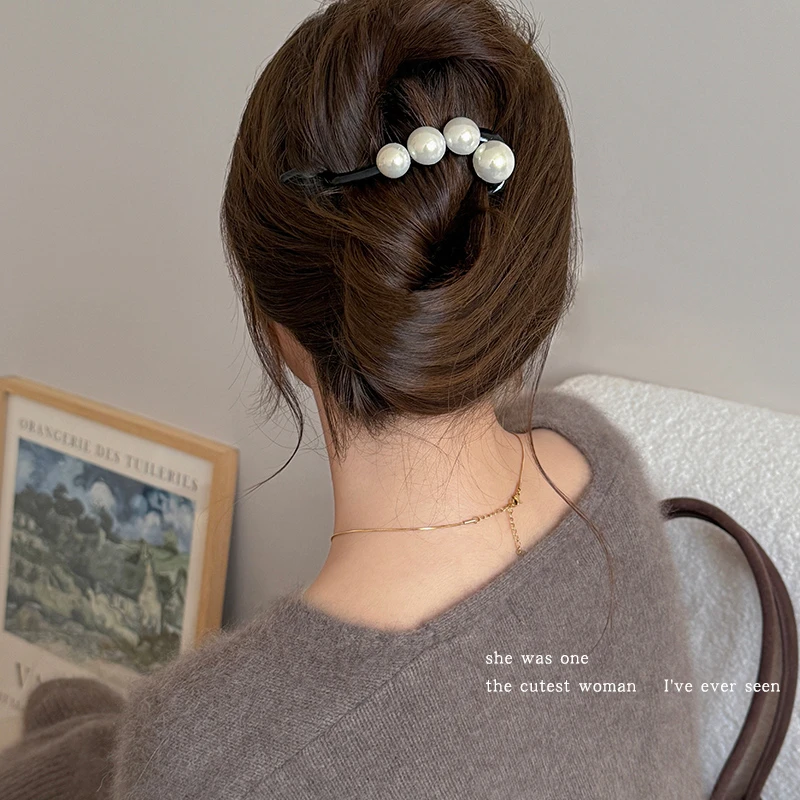 气质珍珠玫瑰花朵扭扭夹发夹女发卡头饰品抓夹后脑勺盘头发一字夹