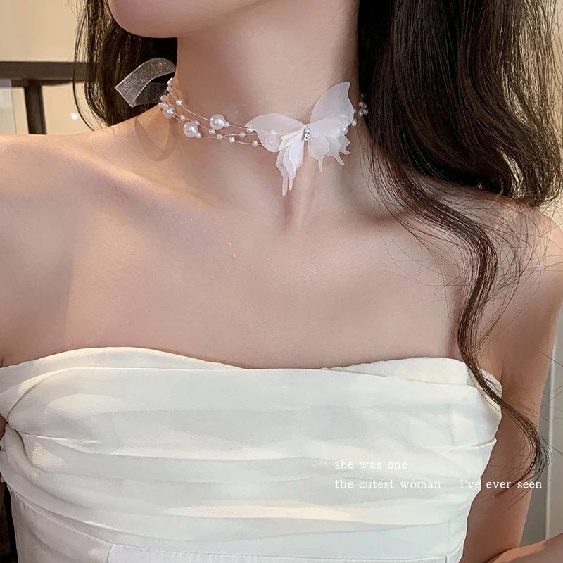 非金属布艺项链 珠珠蝴蝶项链女2025新款时尚串珠锁骨链颈链首饰~