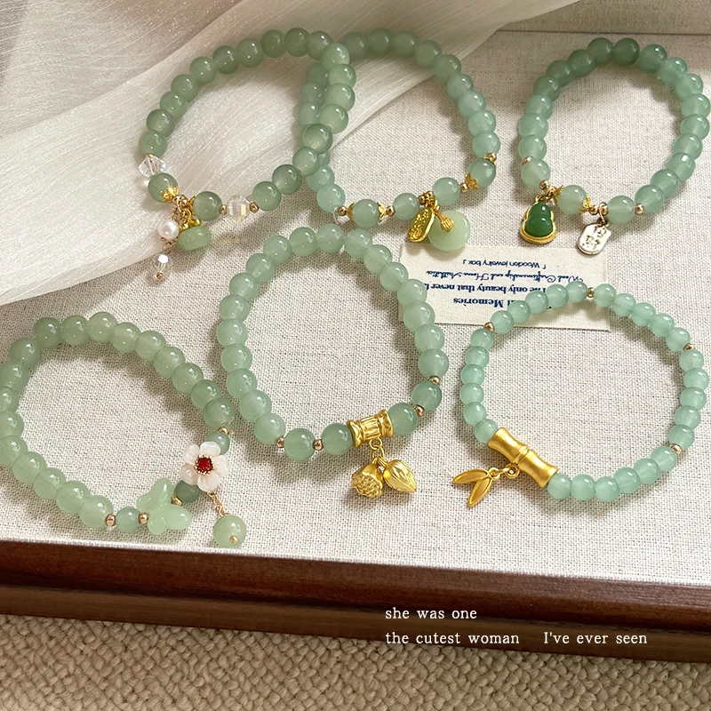 铜合金玻璃手链 新中式绿色串珠手链 2024年新国风手串女手饰手绳