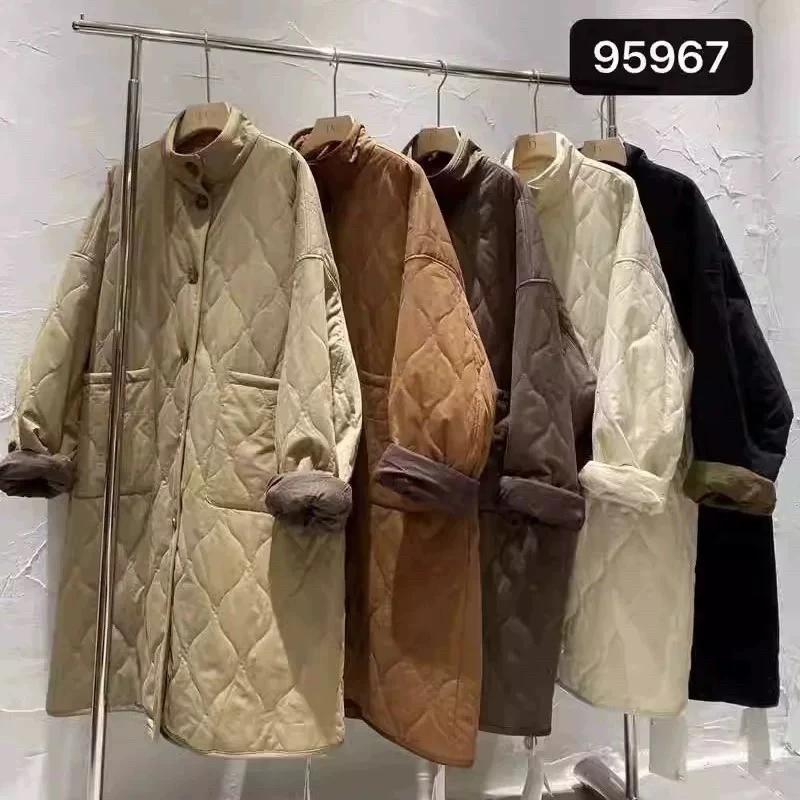 TY95967休闲宽松立领压线中长款纯棉棉服女2024秋冬新款