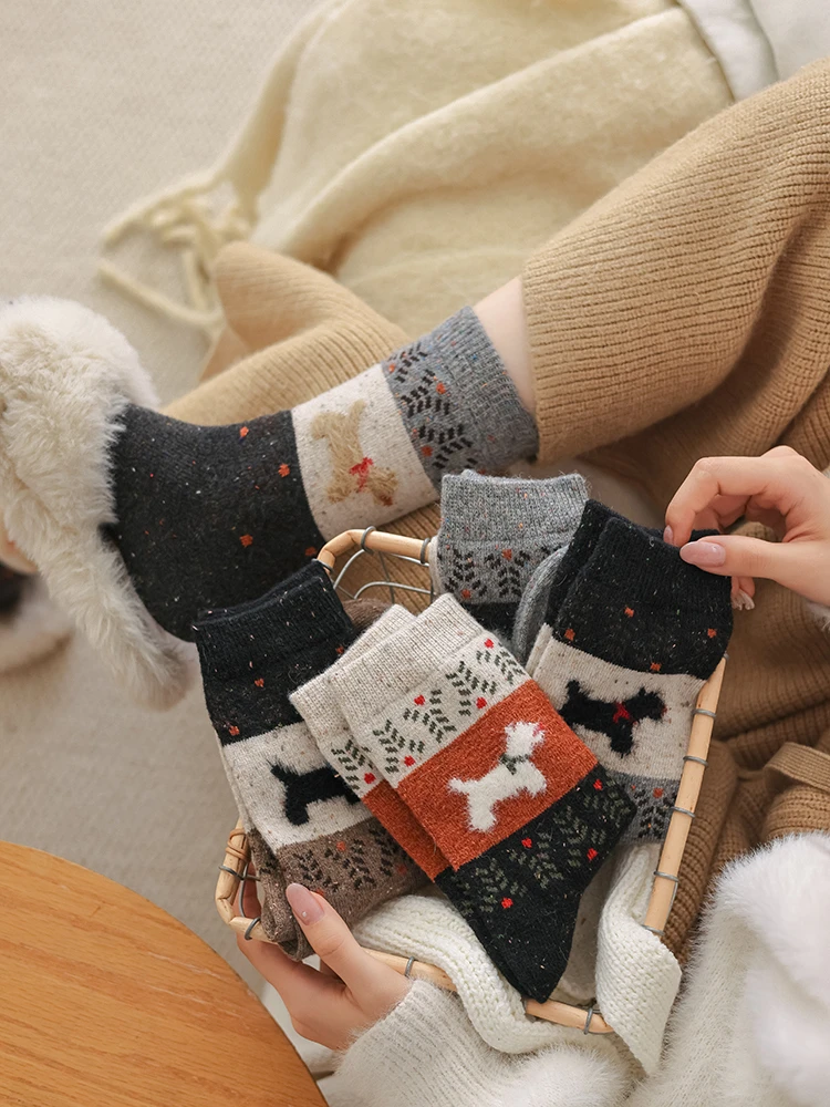 复古费尔岛小狗羊毛袜秋冬加厚保暖中筒袜长袜堆堆袜可爱毛绒袜子
