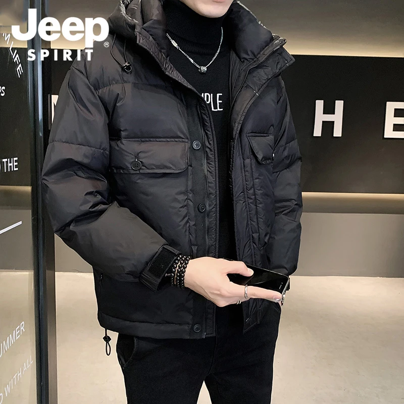 Jeep吉普黑色羽绒服男冬季连帽痞帅潮牌工装外套休闲保暖羽绒衣服