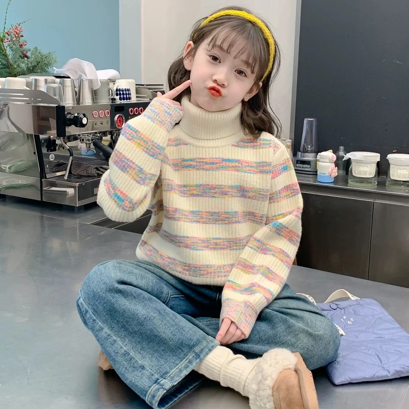 喵【亲子装】女童秋冬毛衣2024新款儿童冬季高龄加厚条纹针织打底衫