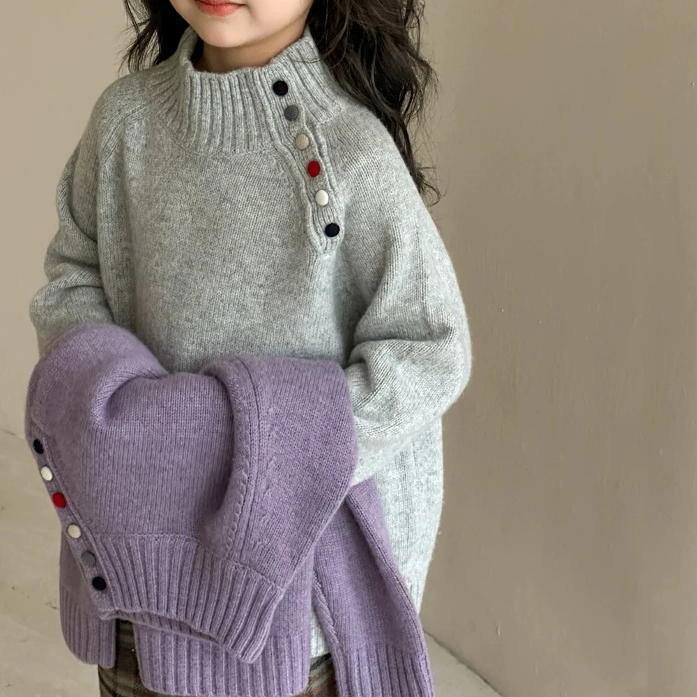 喵【亲子装】女童毛衣秋冬装2024新款韩版儿童彩色纽扣针织打底衫