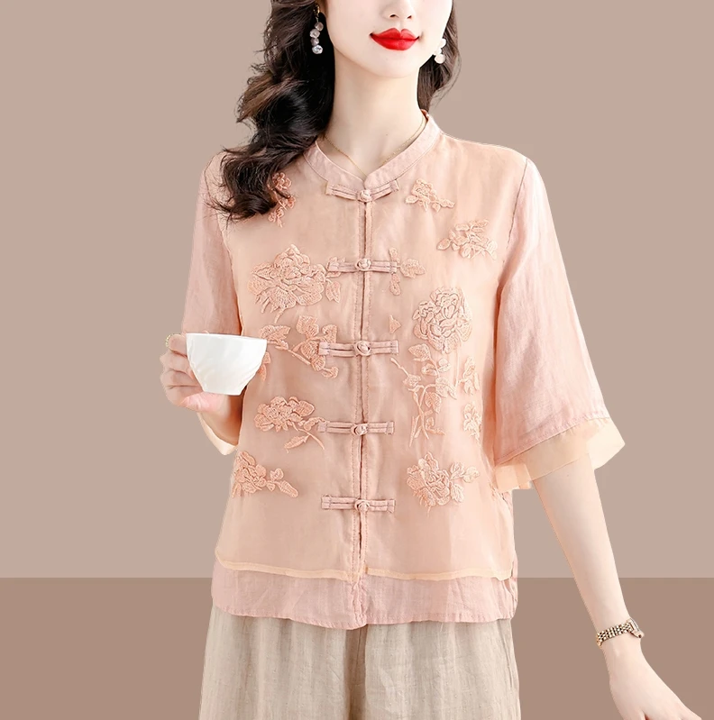 新中式国风裤子女士夏季夏装装棉麻七分袖上衣高端亚麻衬衫中国风