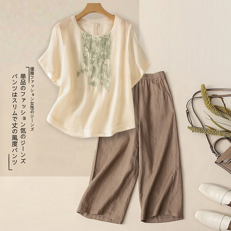 大码夏装新款妈妈母亲棉麻短袖套装亚麻阔腿裤时尚洋气两件套