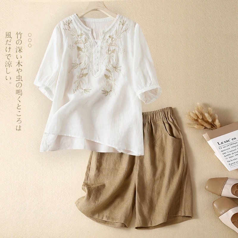 大码夏装女士妈妈棉麻短袖套装洋气时尚亚麻衬衫短裤小个子两件套