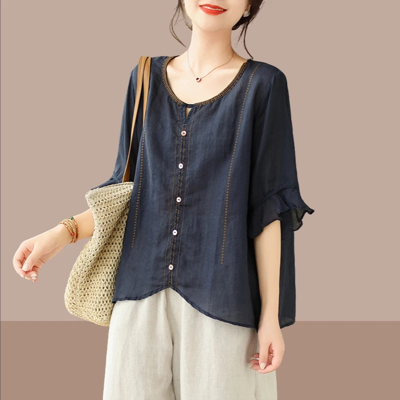 2024新款复古手工勾线衬衫女喇叭袖衬衣棉麻薄款气质舒适妈妈上衣