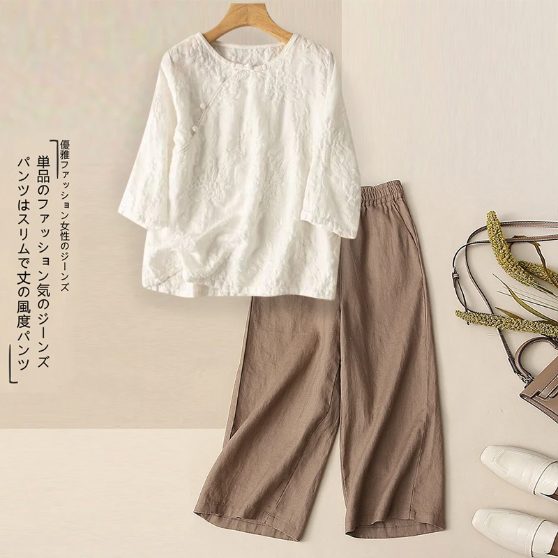 新中式国风棉麻套装女夏季妈妈洋气七分袖苎麻上衣时尚休闲两件套