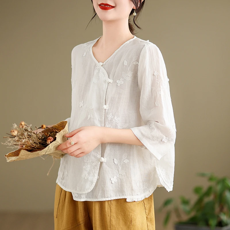 大码衬衣女夏装新款洋气爆款高端国风宽松衬衫复古新中式茶服上衣