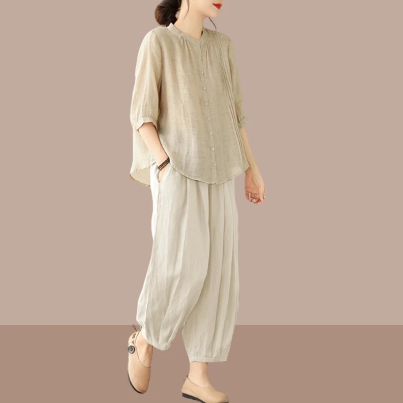 韩版宽松大码遮肉棉麻两件套套装女2024年夏季时尚新款舒适妈妈装