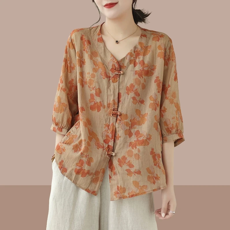 夏装新中式棉麻上衣女高端洋气宽松苎麻女装大码中年七分袖衬衫