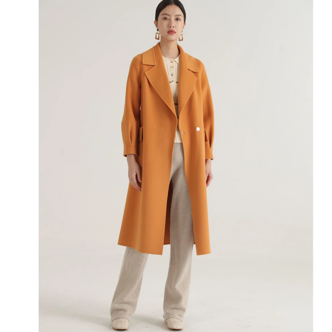 气质腰带长款羊毛呢外套2225