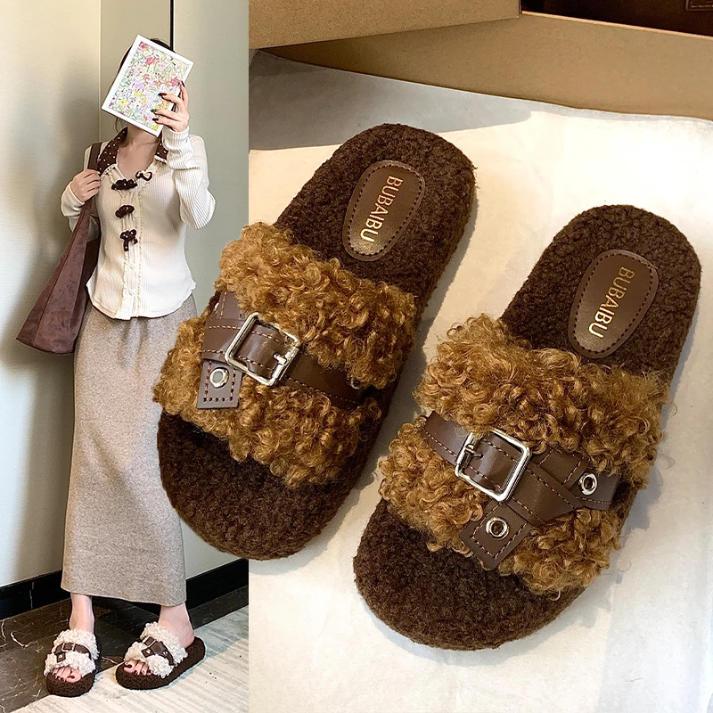 【SJZM】2024秋冬新款8826-3皮革边扣毛毛拖鞋居家棉拖鞋外穿毛毛拖