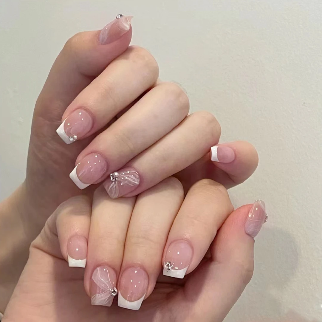 甜美少女短芭蕾丝带钻款假指甲欧美ins风穿戴甲法式美甲