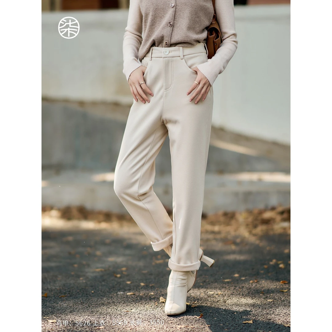 3550柒量一裁小个子燕麦色棕色高腰直筒裤百搭上班休闲裤显瘦裤子