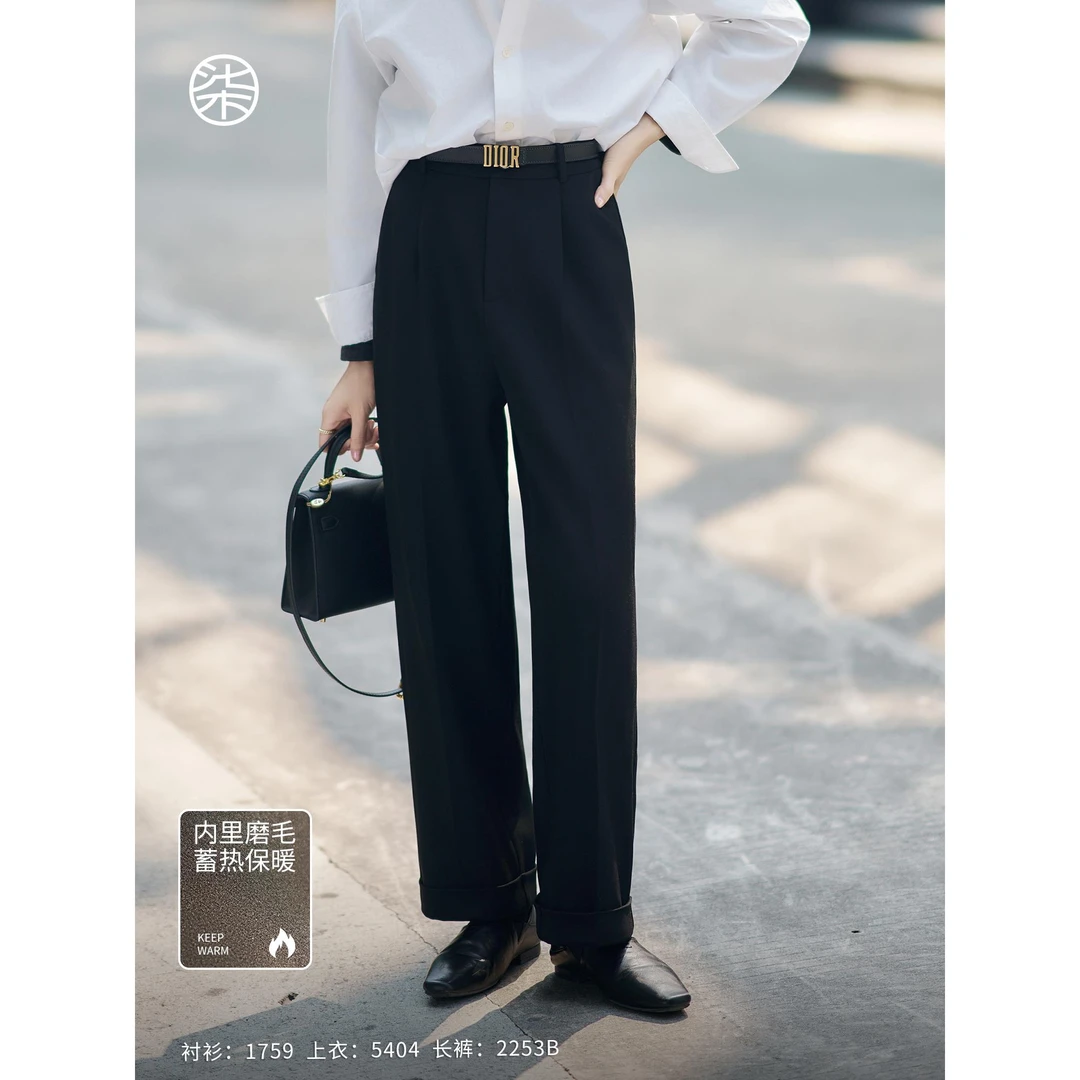 【大柒】【高智裤】2253B小个子黑色直筒休闲裤磨毛柔软显瘦裤子女冬