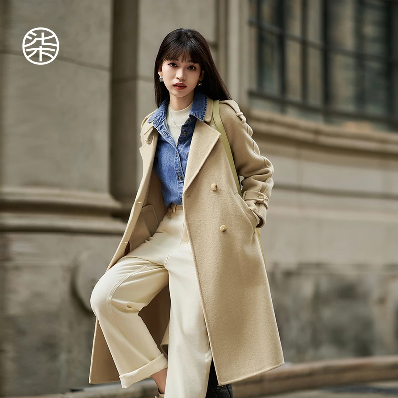 1852柒量一裁小个子奶杏色双排扣风衣式长款双面呢大衣毛呢外套女