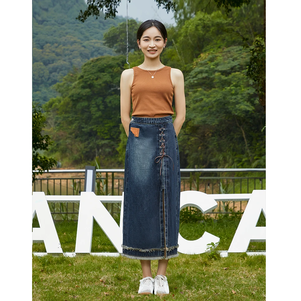 8005B柒量一裁小个子深蓝色复古绑带设计侧边开衩牛仔半裙