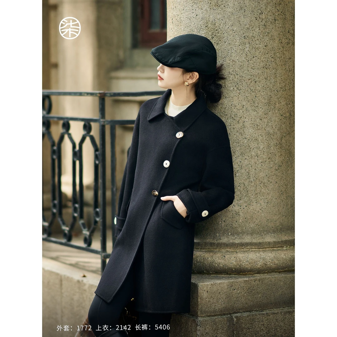 1772柒量一裁小个子黑色翻领中长款双面羊毛呢大衣洋气外套女冬季