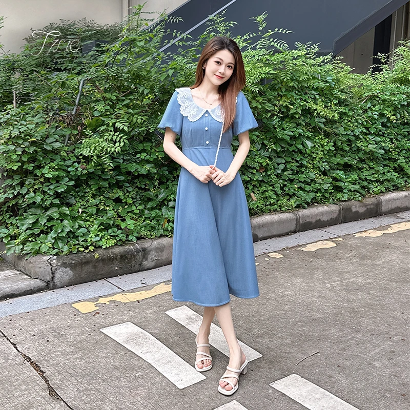 1627柒量一裁小个子花边领短袖连衣裙气质显瘦法式减龄收腰裙子女