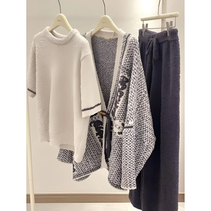 慵懒风三件套半边绒睡衣女中厚纽扣秋冬法式时尚洋气加厚家居服