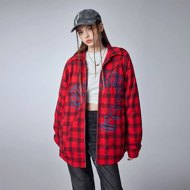 GUUKA美式红色格子衬衫轻薄羽绒服女2024新款 冬加厚衬衣外套宽松