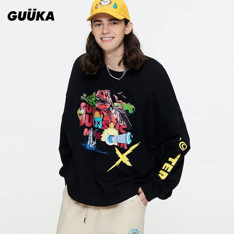 GUUKA潮牌黑色廓形卫衣圆领男2025新款 小怪兽印花落肩上衣女宽松