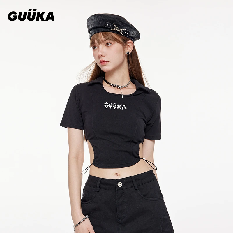 xl/GUUKA潮牌黑色短款露腰短袖T恤女两侧抽褶镂空辣妹修身F7512