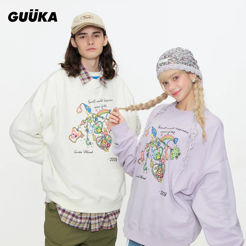 GUUKA潮牌奶油白重磅圆领卫衣男新款 情侣趣味爱心落肩上衣女宽松