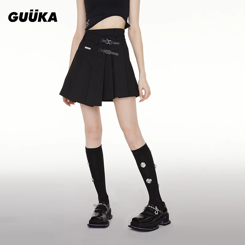 GUUKA潮牌黑色皮扣百褶裙高腰 半身裙a字显瘦Q11287