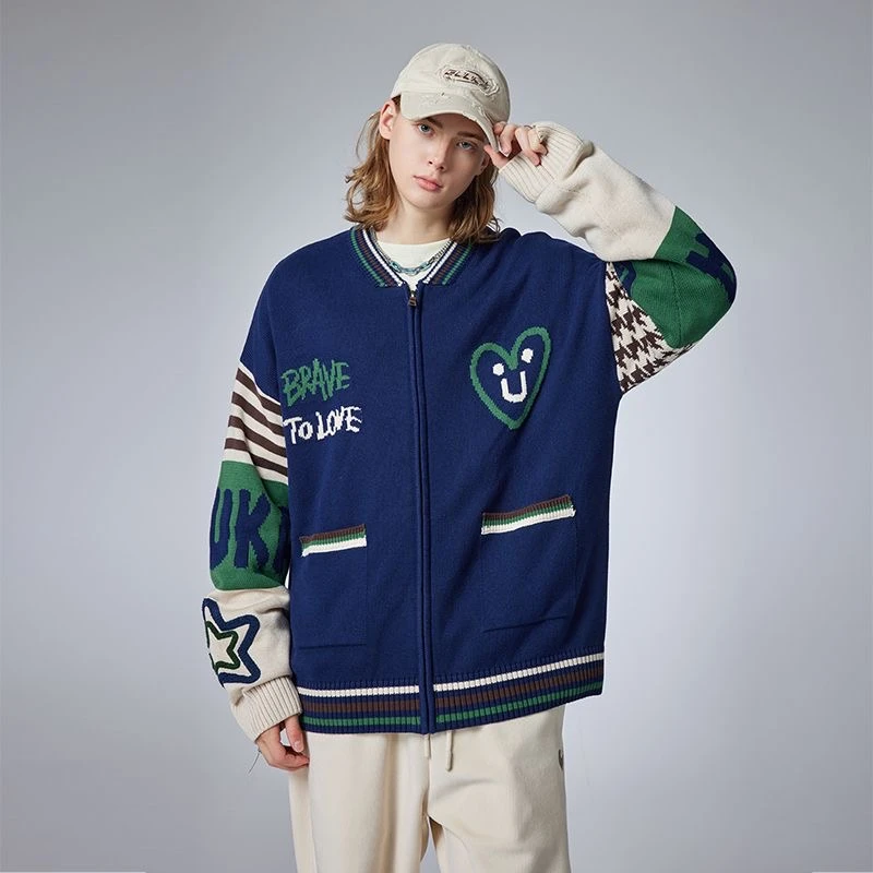 GUUKA潮牌宝蓝拼色开衫针织慵懒风爱心提花外套M5544