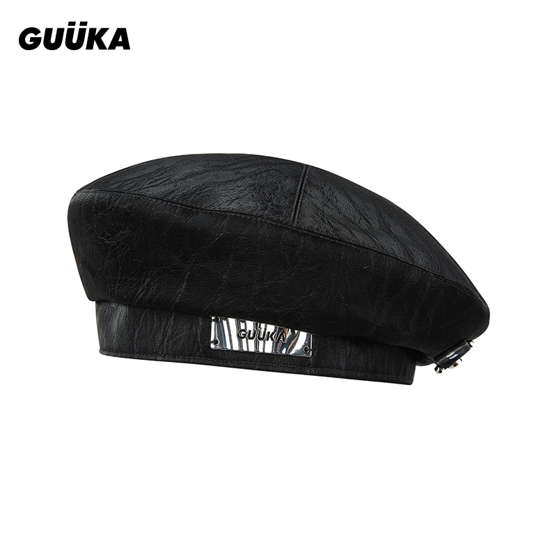 Guuka/古由卡潮牌黑色PU皮贝雷帽女春季新款五金扣大头围R2291