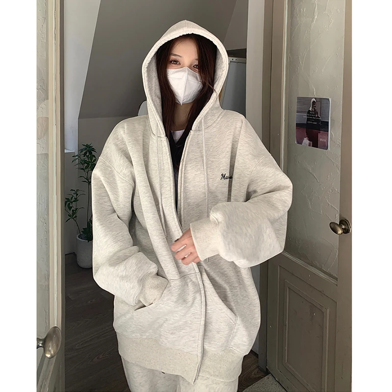 灰色运动外套女卫衣初秋穿搭拉链休闲2025新款美式慵懒风开衫套装