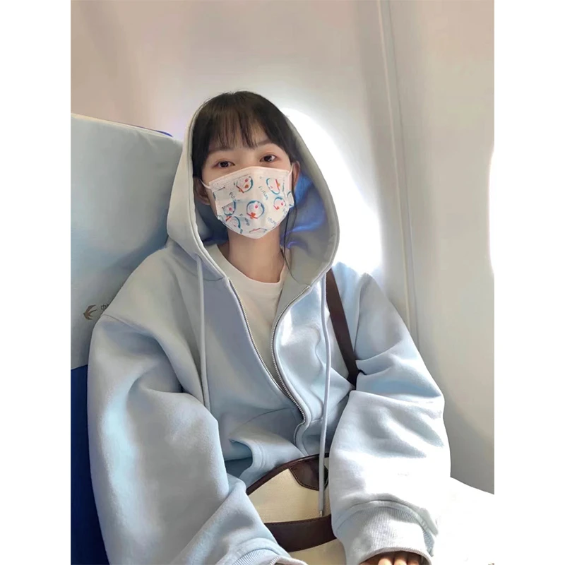 秋季韩系蓝色连帽卫衣加绒外套女春秋款2025新款爆开衫运动套装