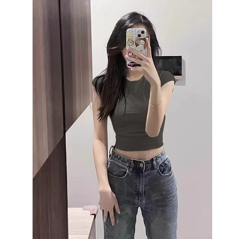 无袖上衣女露腰正肩t恤紧身小飞袖甜辣短款收腰修身辣妹短袖夏季
