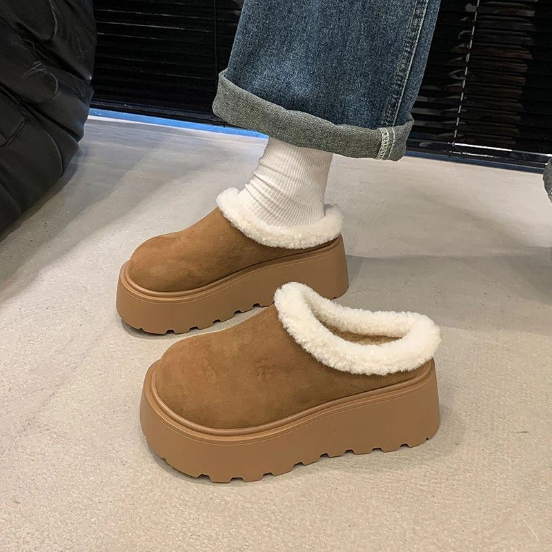 厚底松糕勃肯鞋女包头半拖鞋秋冬季外穿加绒百搭网红羊羔毛毛拖鞋