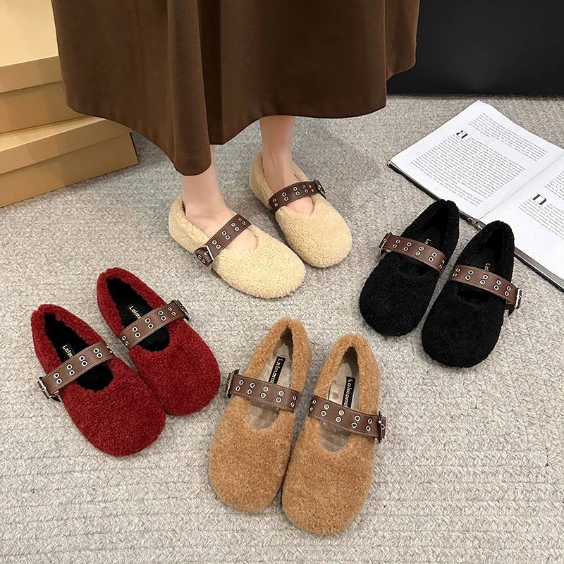 软底不累脚皮带扣毛毛鞋2024秋冬新款豆豆鞋加绒保暖爆款外穿单鞋