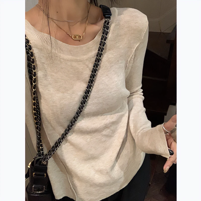 内搭打底衫女秋季高级感慵懒独特小众圆领针织衫别致漂亮洋气上衣