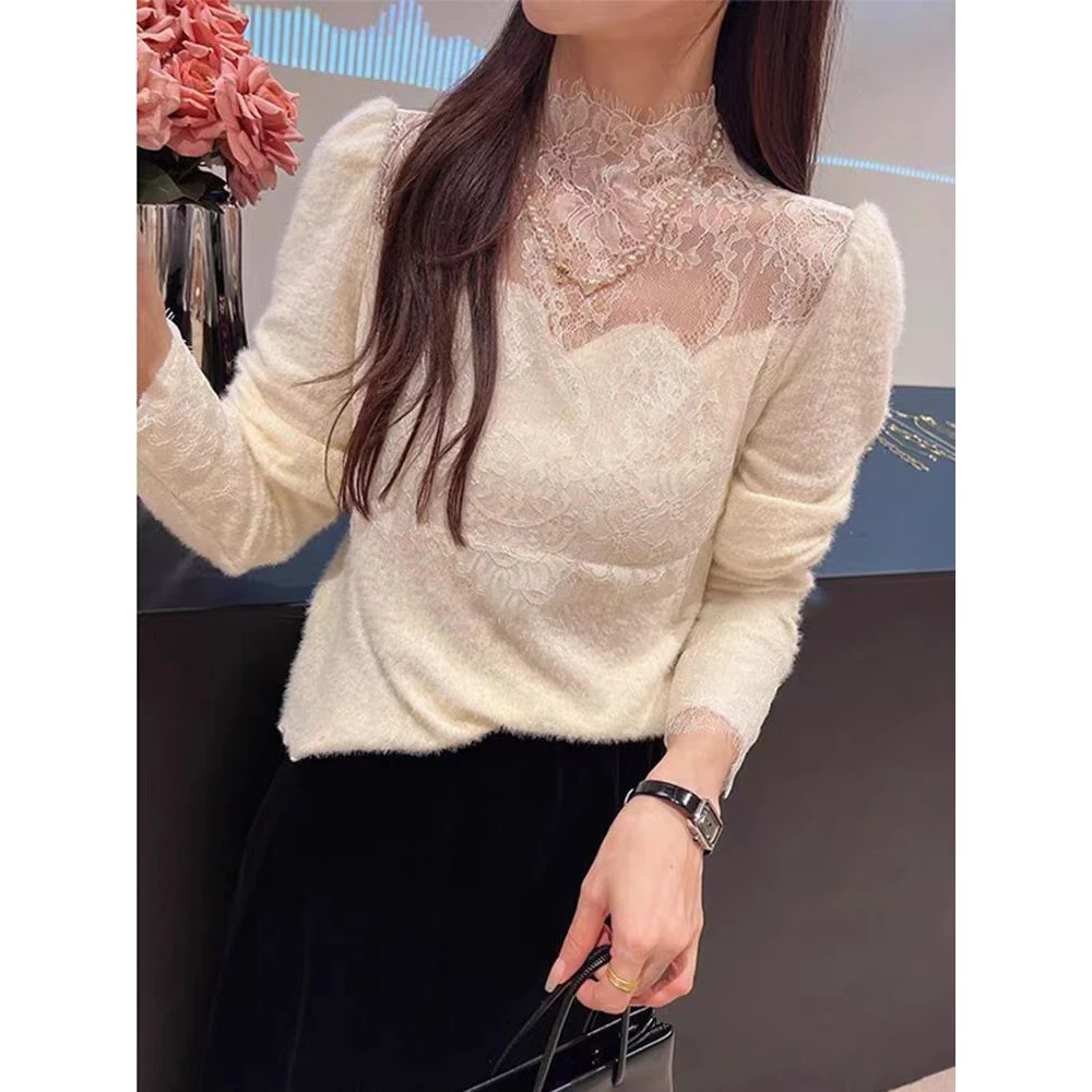 法式超仙蕾丝镂空打底衫女2025秋冬内搭半高领百搭遮肚子精致上衣
