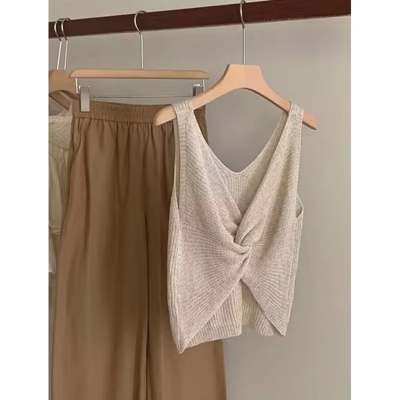 后背镂空冰丝针织背心吊带女薄款夏季外穿设计感小众扭结无袖上衣