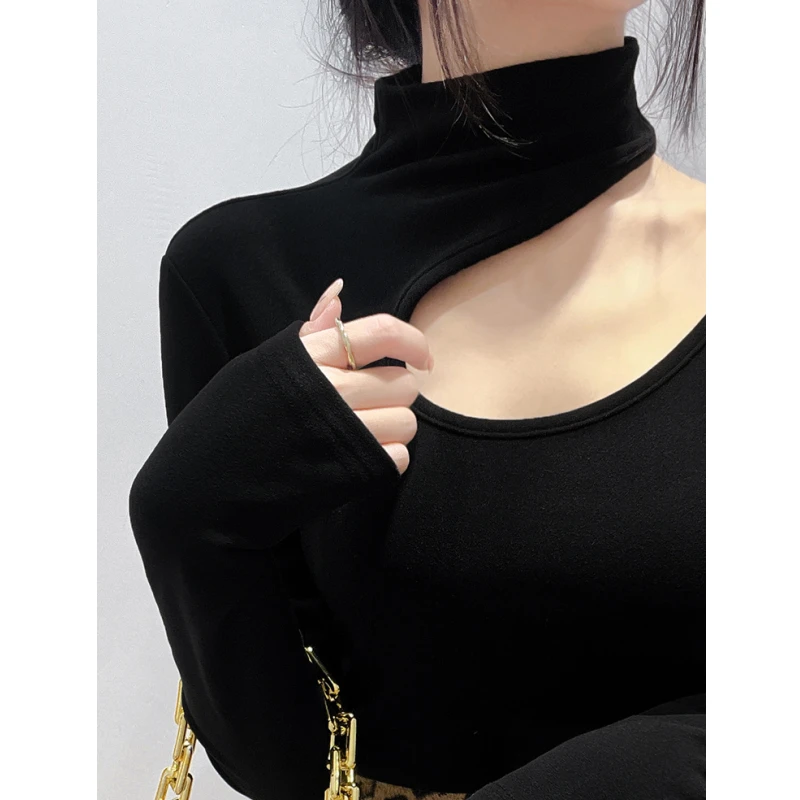 高领双面德绒打底衫女漏锁骨设计感小众内搭t恤性感辣妹上衣秋冬
