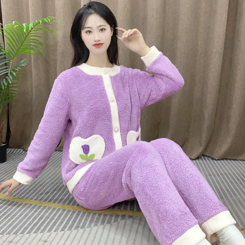 睡衣女加绒加厚保暖新款法兰绒可外穿少女生甜美家居服 秋冬Y137