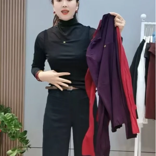 03-高领弹力蕾丝网纱衫