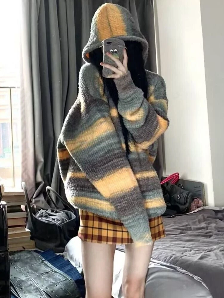 慵懒风软糯渐变连帽套头毛衣男女秋冬复古韩版情侣宽松针织衫外套