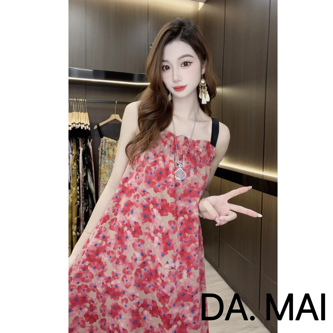 DA.MAI-8347#轻奢宽松长裙印花2024女款春夏缎料无袖气质连衣裙
