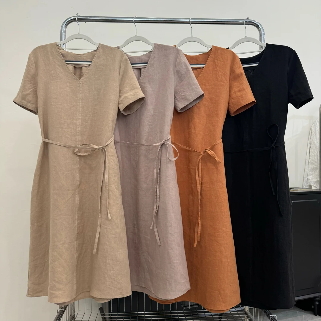 （柳条儿）女纯汉麻V领连衣裙宽松连衣裙简约气质女装连衣裙