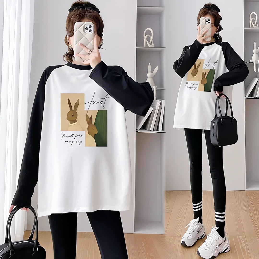 孕妇装秋季时尚洋气春秋外穿纯棉宽松遮孕肚中长款插肩长袖上衣T