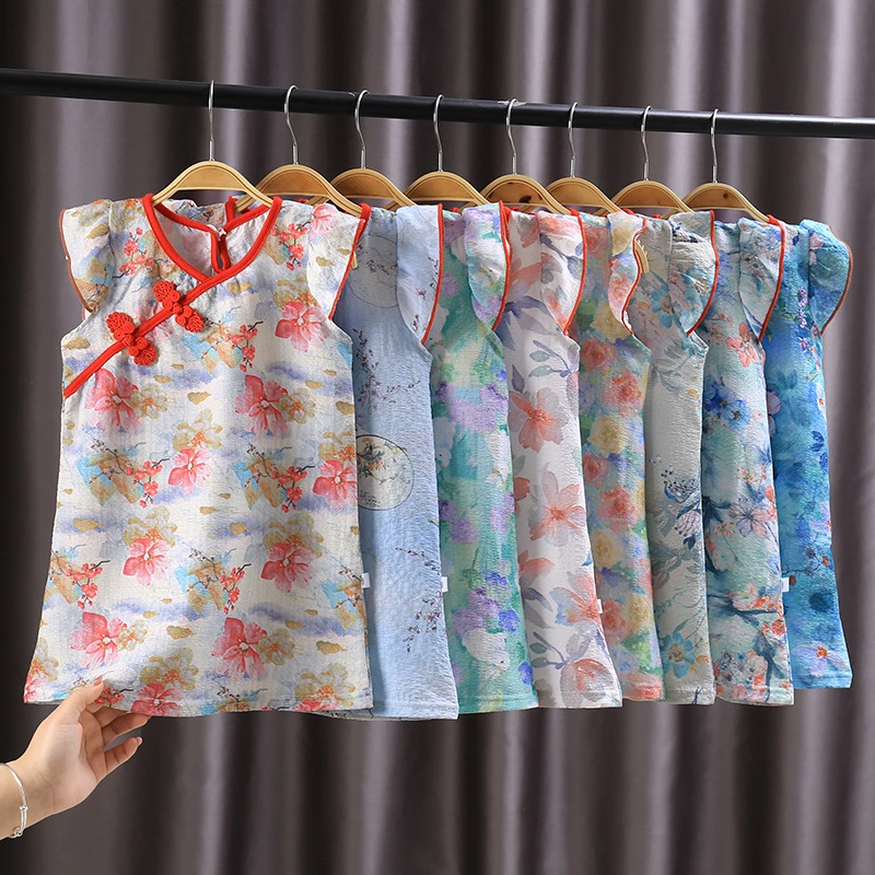 女童新中式背心裙夏装无袖旗袍复古儿童宝宝中国风公主裙洋气